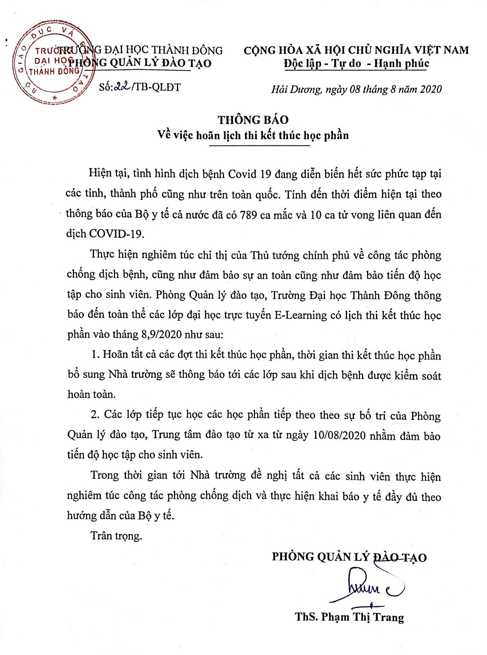 thông báo lùi lịch thi tháng 8,9/2020